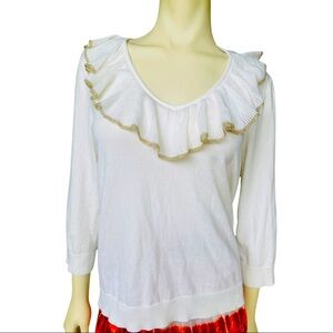 Chaps by Ralph Lauren Ivory Gold Trim Ruffle Top